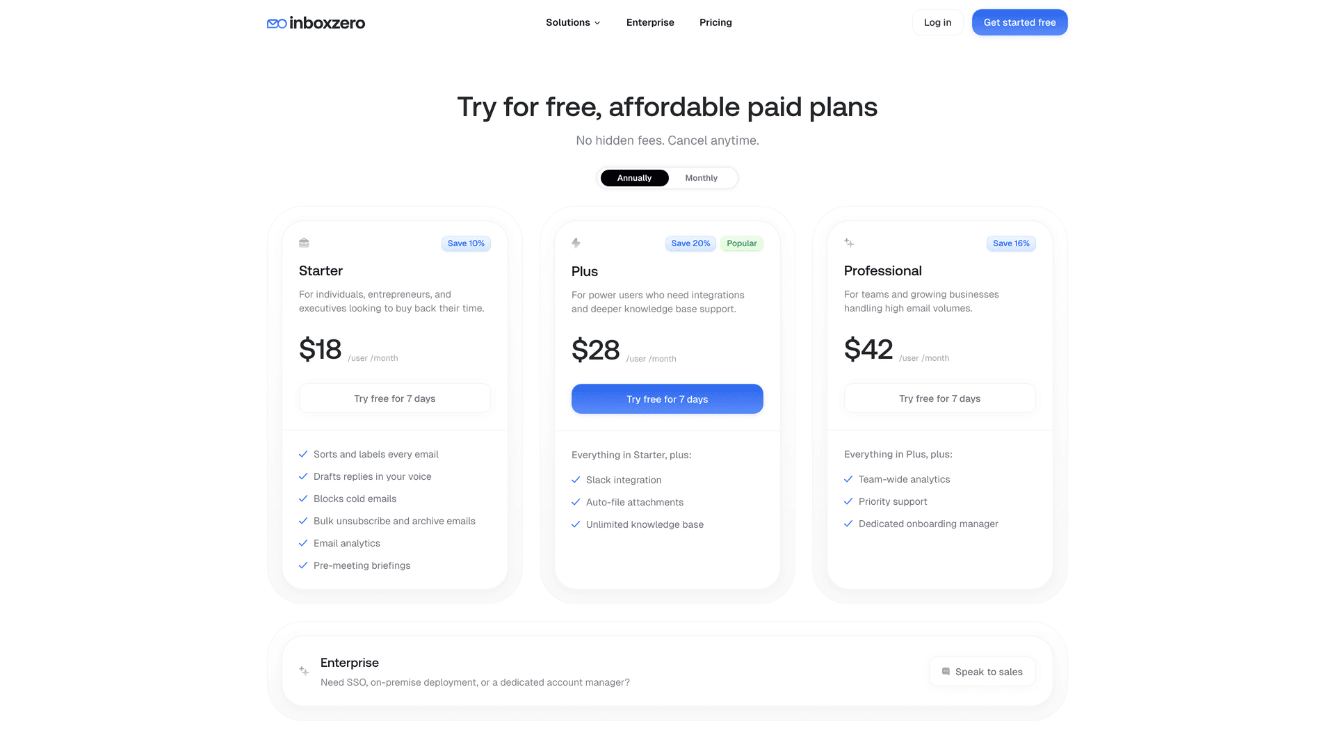 Inbox Zero pricing page showing Starter, Plus, and Professional plan tiers with monthly and annual pricing options