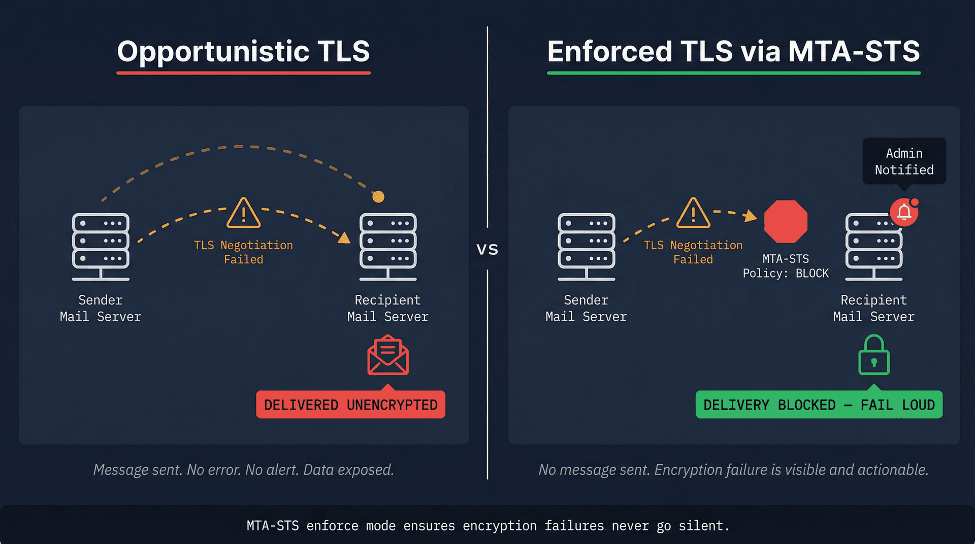 Split-panel diagram comparing opportunistic TLS silent plaintext delivery versus MTA-STS enforced TLS blocking with an admin alert