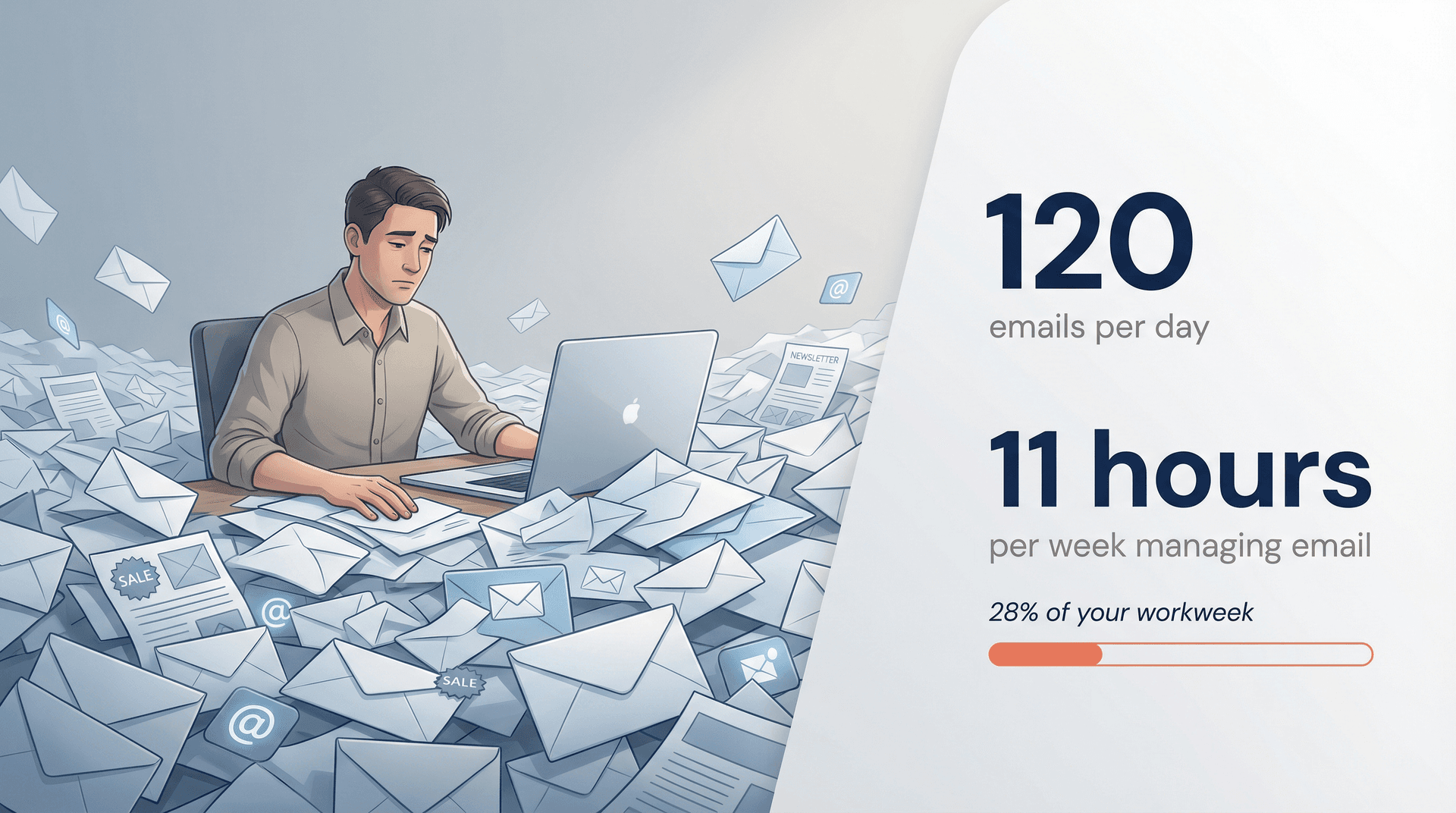 Editorial illustration showing a person drowning in a sea of emails, with statistics showing 120 emails per day and 11 hours per week wasted