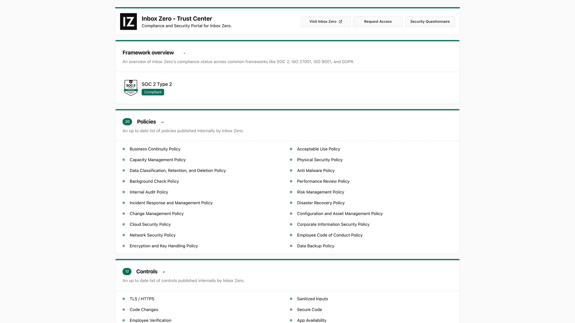 Inbox Zero security trust center showing SOC 2 Type 2 compliance badge, 20 published policies, and 17 security controls