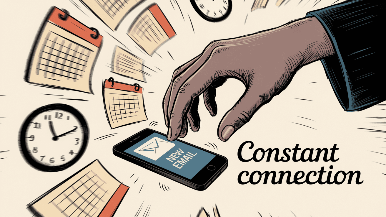 Professional illustration showing hand reaching for phone with new email notification surrounded by calendars and clock, depicting constant email checking behavior