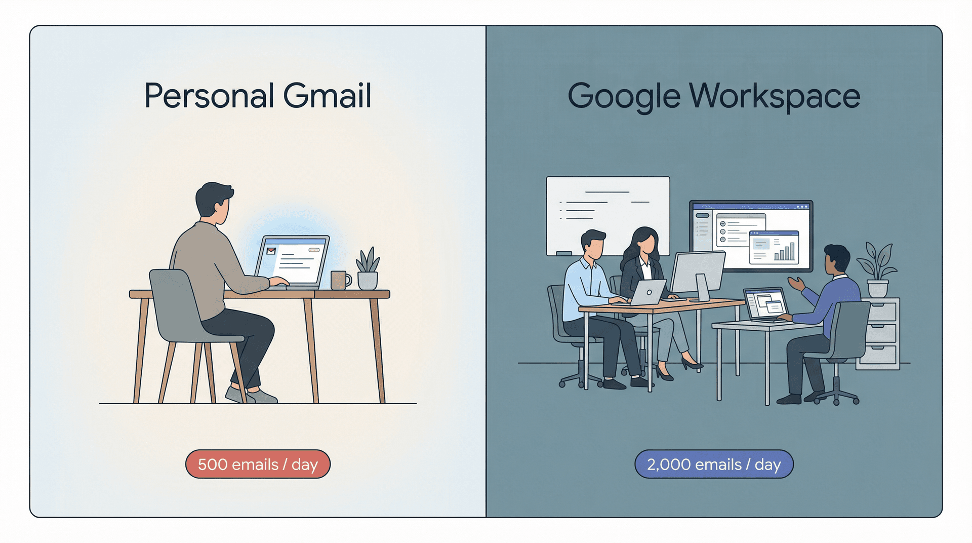 Split-panel editorial illustration comparing Personal Gmail vs Google Workspace sending tiers for email scheduling