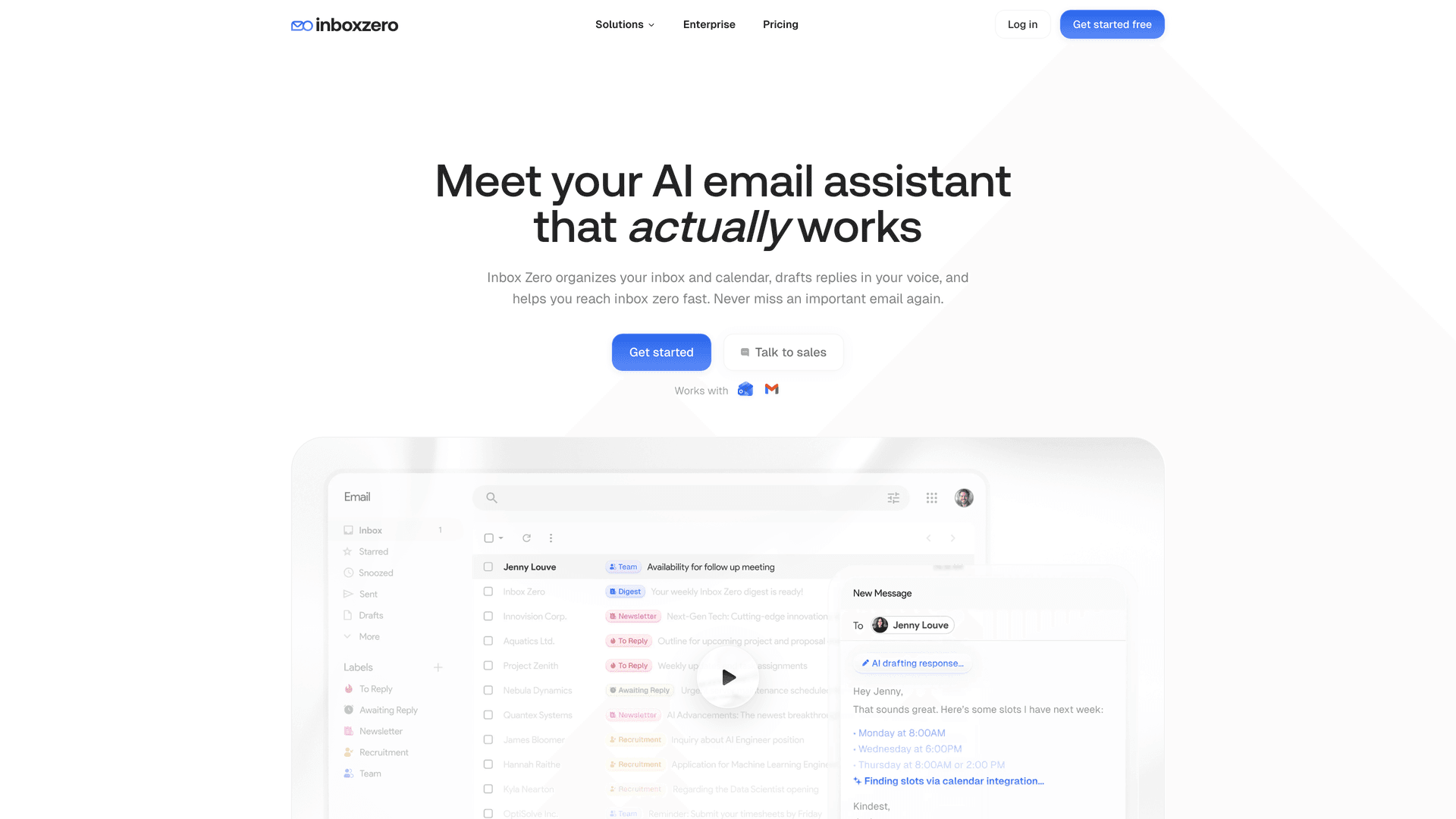 Inbox Zero homepage with hero headline "Meet your AI email assistant that actually works," product dashboard UI, and Get started CTA