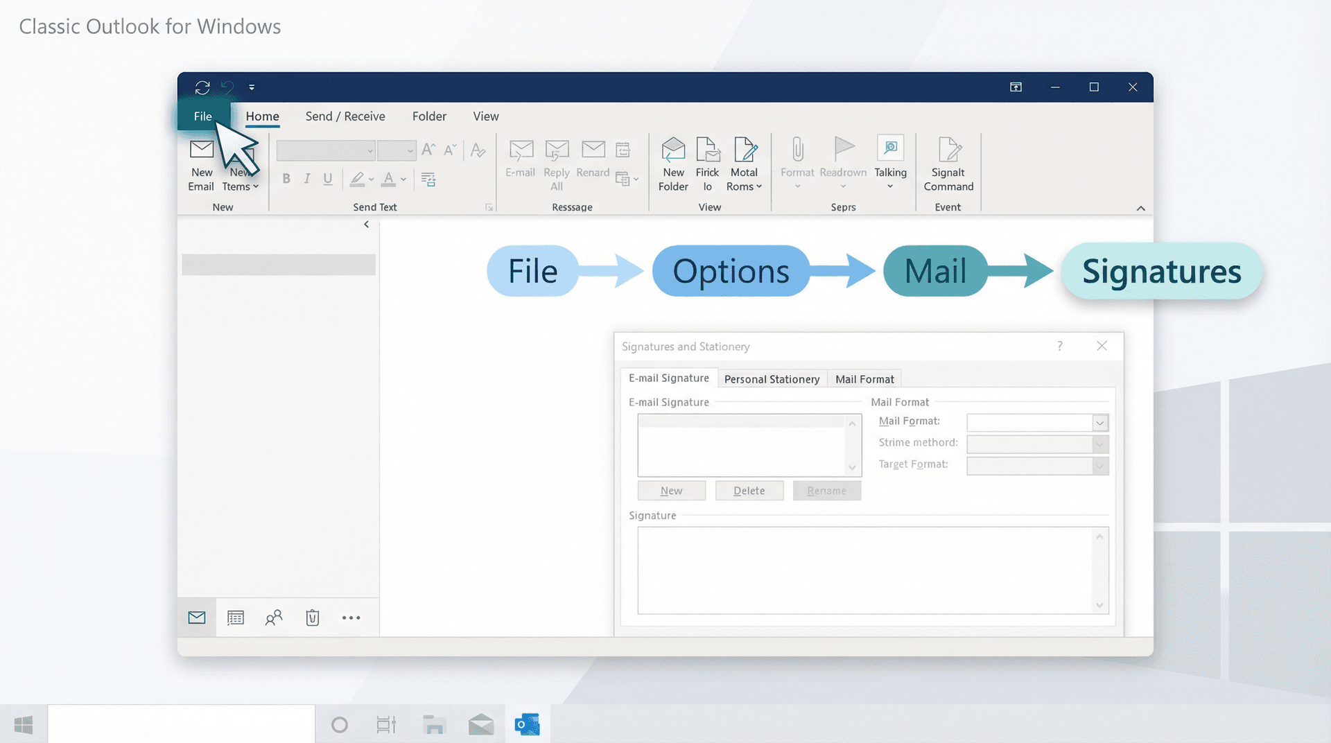 Classic Outlook for Windows ribbon showing the File tab highlighted, with a step-by-step path diagram through File > Options > Mail > Signatures