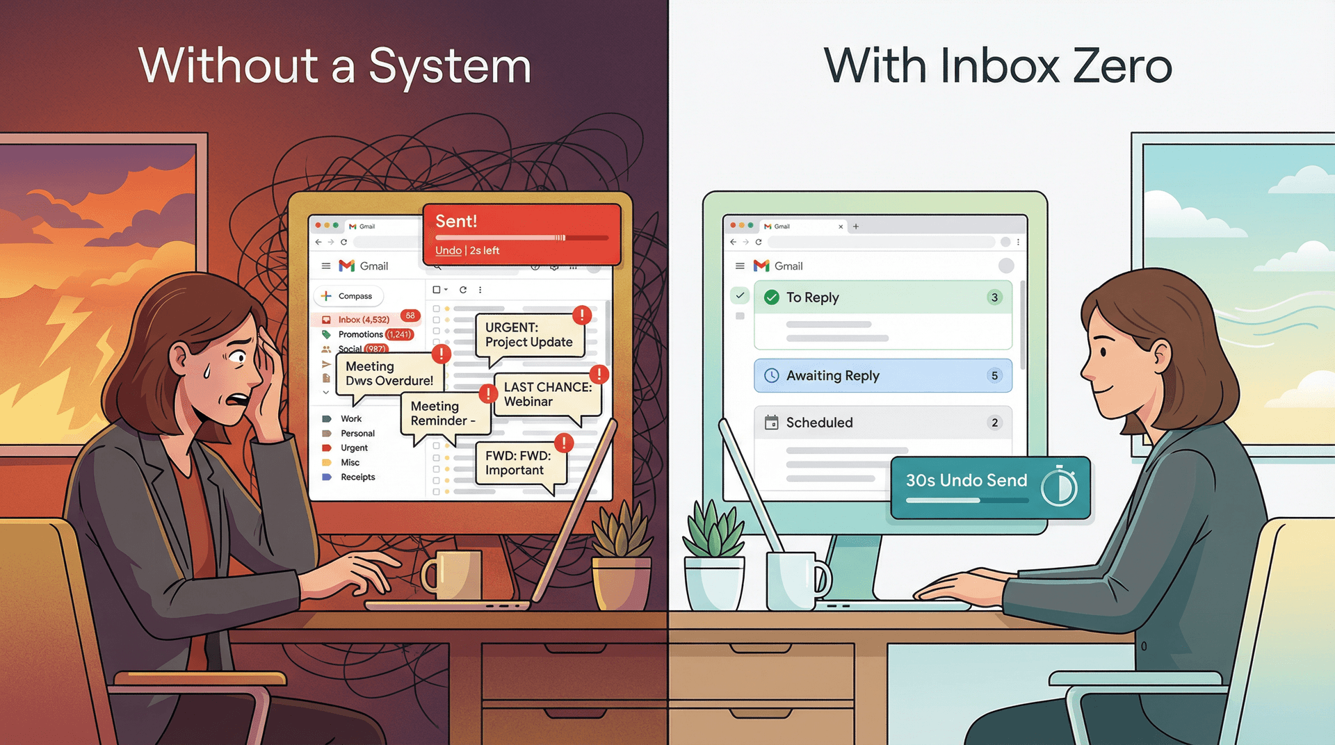 Split illustration contrasting a chaotic Gmail inbox with a calm, organized Inbox Zero dashboard showing To Reply and Awaiting Reply labels